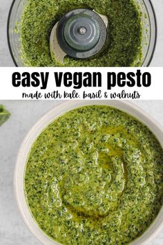 pesto sauce in a food processor with the words easy vegan pesto made with fake basil and walnuts