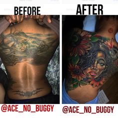 before and after photos of a woman's back tattoo