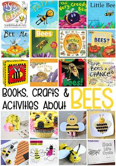 books, crafts and activities about bees are featured in this postcard collage for kids