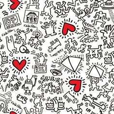 an abstract pattern with red hearts and other symbols on white background, hand drawn doodle style