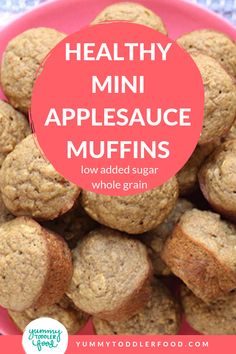 healthy mini appleauce muffins in a pink bowl with text overlay