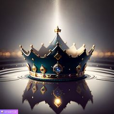 a blue crown sitting on top of a reflective surface next to a bright light above it