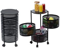 three black mesh baskets on wheels with drinks and snacks in the bottom one is empty