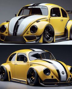 the volkswagen beetle is painted yellow and white