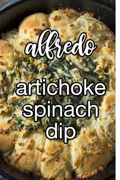 an artichoke spinach dip in a cast iron skillet with text overlay