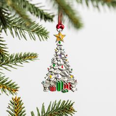 a christmas tree ornament hanging from a pine tree