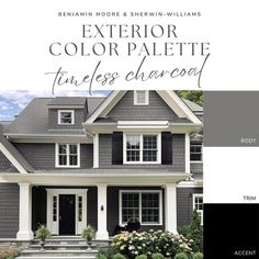 Elevate your home's exterior with our Timeless Charcoal Exterior Color Palette - an expertly curated collection of paint colors that can make your home the envy of the block! Delivered as a convenient digital download, this guide features handpicked Benjamin Moore and Sherwin-Williams paint colors, complete with names and codes, making it easy to achieve beautiful results, without the overwhelming trips to the paint store or endless online searches. Plus, you'll get insider tips for using the palette, and testing colors for foolproof results. Transform your exterior with confidence today! **DIGITAL DOWNLOAD ONLY. NO PHYSICAL PRODUCT OR PAINT SAMPLES WILL BE SHIPPED TO YOU NO RETURNS! When you purchase this product, you'll receive a download link for the Timeless Charcoal Exterior Color Pal Exterior Paint Color Palette, Dark Grey Houses, Grey Exterior House Colors, Exterior Gray Paint, Gray House Exterior, Exterior Color Palette, Exterior House Color, Pintura Exterior, Siding Colors