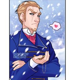 an anime character with blonde hair wearing a blue suit and red tie, standing in the snow