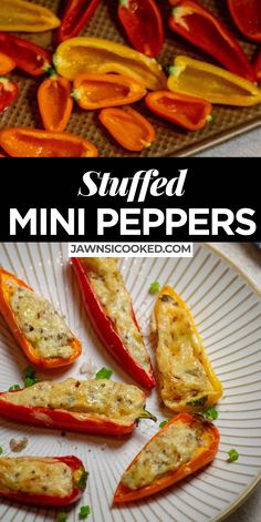 stuffed mini peppers on a white plate with text overlay