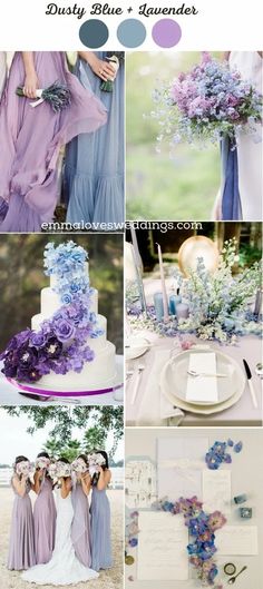 wedding color palettes for the bride and groom in shades of blue, purple, lavender