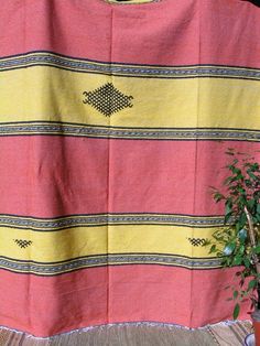 a potted plant sitting on top of a table next to a red and yellow blanket