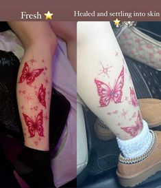 two different tattoos on both legs and one is red with pink butterflies in the middle