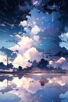 the sky is filled with clouds and stars as if they were floating in the water