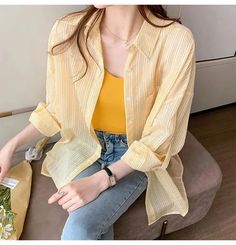 Striped Sun Proof Chiffon Office Blouse Shirt – Nada Outfit Land Yellow Outfit Casual, Aesthetic Oversized Shirt, Loose Striped Shirt, Office Blouse, Outfit Ideas Fashion, Teenage Outfits, Colour Match, Yellow Outfit, Blouse Shirt