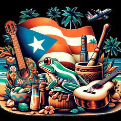 an image of the puerto flag with instruments and other items in front of it by the water