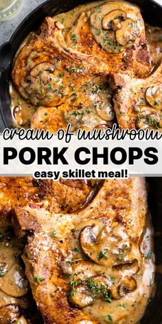 pork chops with mushrooms and sauce in a skillet