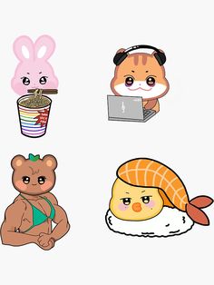 four stickers depicting different types of sushi and other foods, including an apple computer