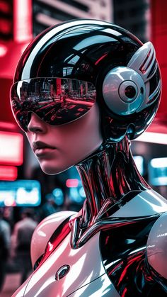 a futuristic woman with headphones on and red light in the background