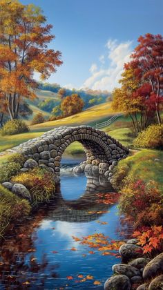 a painting of a stone bridge over a river in the fall with leaves on the ground