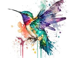 a watercolor painting of a hummingbird with colorful paint splatters on it's wings