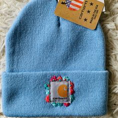 Light Blue Carhartt Beanie Adult Size Flower Embroidered Beanie Embroidery Ideas, Embroider Beanie, Embroidered Carhartt Beanie, Carhart Beanie, Embroidery Hats, Burberry Cap, Carhartt Hat, Wool Cloche Hat, Vans Hats