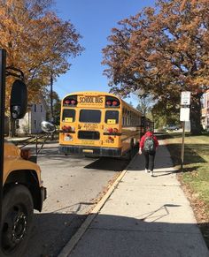 a school bus parked on the side of a road next to a tree filled street