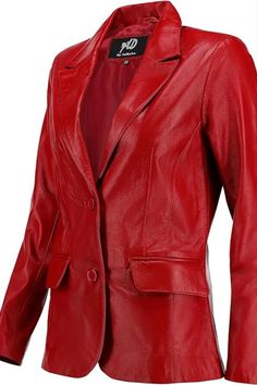 Outer Shell: 100% Genuine Leather Leather Type: Lambskin Lining Material: 100% Polyester Closure Style: Button Collar Style: Lapel Inside Pockets: Two Outside Pockets: Two Color: Red Pattern: Plain Red Leather Jacket For Formal Occasions, Formal Red Leather Jacket, Red Fitted Leather Jacket For Formal Occasions, Formal Red Fitted Leather Jacket, Classic Red Leather Jacket With Button Closure, Red Leather Long Sleeve Blazer, Red Leather Blazer For Fall, Red Leather Blazer With Long Sleeves, Fall Red Leather Blazer