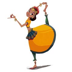 a woman in a yellow top and skirt is doing a dance pose with her hands up