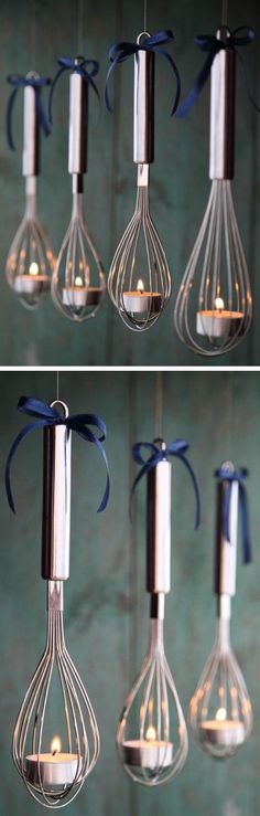 three pictures of different light bulbs with blue ribbons on them and one is hanging from the ceiling