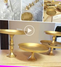 a collage of photos with gold colored furniture and accessories