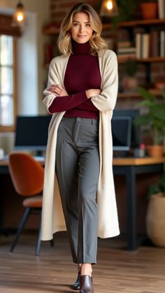 Layered Look with Cardigan: Stay Warm and Stylish This Fall Cardigan Office Outfit, Office Fits, Business Casual Outfits For Women