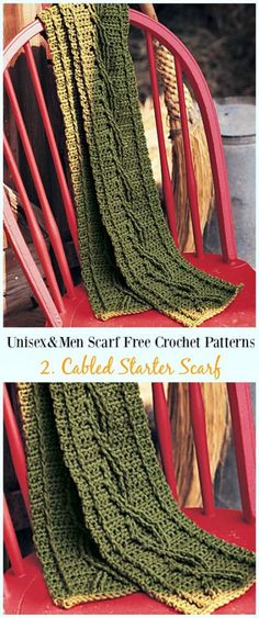 two red chairs with green knitted blankets on them and the words, unisex & non - staff free crochet patterns