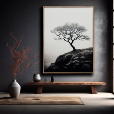 a black and white photo with a lone tree in the background on a wall above a table