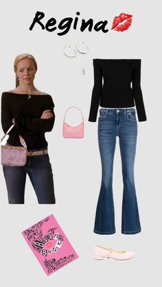 a woman in black shirt and jeans standing next to pink purse