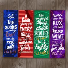 three colorful bookshelves with different quotes on them