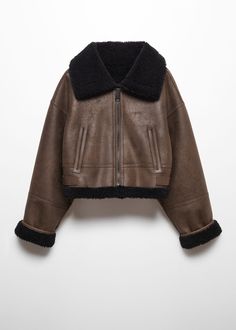 Short double-sided jacket Mango Faux Fur Coat, Ladies Short Jackets, Black Faux Fur Coat, Zara Jacket, Faux Shearling Jacket, Suit Jackets For Women, Aviator Jackets, Fall Fits, Brown Leather Jacket