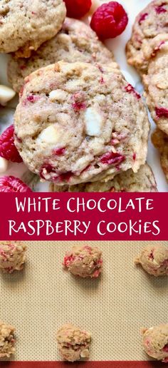 raspberry cookies with white chocolate in the middle and on top, next to another cookie