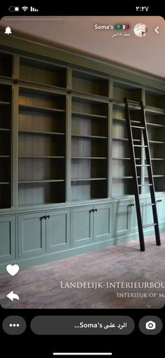 a ladder leaning up against the wall in a room with bookshelves and cabinets