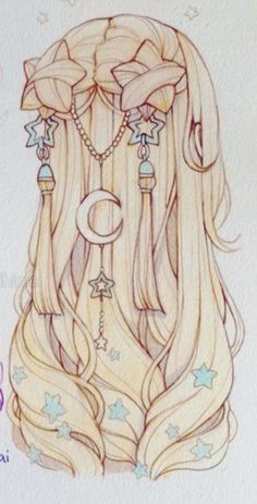 a drawing of a girl with long blonde hair and stars on it's head