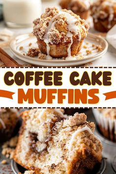 coffee cake muffins with white frosting and cinnamon crumbs