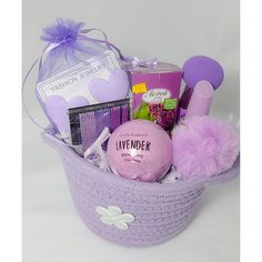 a purple basket filled with lots of different items