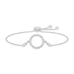 Perfect for everyday wear, this bolo bracelet is a chic choice. Created in sterling silver, this look features a circle outline shimmering with a pair of diamond accents and beaded details. Polished to a bright shine, this wheat chain bracelet adjusts up to 9.5 inches in length and secures with a bolo clasp and ball ends. Modern Sterling Silver Diamond Bracelet, Adjustable, Elegant Metal Jewelry With Sliding Knot, Elegant Adjustable Circular Chain Bracelet, Modern Adjustable Sterling Silver Diamond Bracelet, Modern Diamond Bracelet With Adjustable Chain, Modern Adjustable Silver Diamond Bracelet, Adjustable Open Circle Metal Jewelry, Adjustable Chain Diamond Bracelet, Adjustable Sterling Silver Diamond Bracelet For Everyday