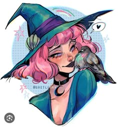 a woman with pink hair wearing a witches hat and holding a bird on her shoulder