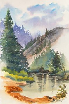 a watercolor painting of a mountain lake