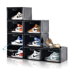 PRICES MAY VARY. [Transparent Display Design]The clear shoe boxes designed with transparent characteristic,you can quickly choose the shoes which you want at a glance.The Black shoe organizer is also equipped with clear door. Therefore,our shoe display case can be extensively used in entryway,bedroom and closet. [Extra Large Capacity]13.4’’L*10.6”W*8.3”H-The upgraded large shoe display boxes are suitable for US shoe size up to 13,which designed with a larger storage capacity.So don’t worry about Large Shoe Storage, Shoe Display Case, Shoe Box Design, Shoe Bin, Shoe Containers, Sneaker Displays, Boot Organization, Sneaker Storage, Shoe Boxes