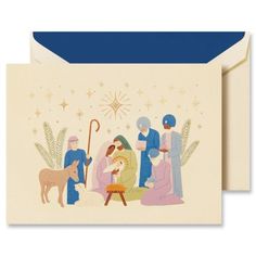 a christmas card with an image of three people and a baby in the manger