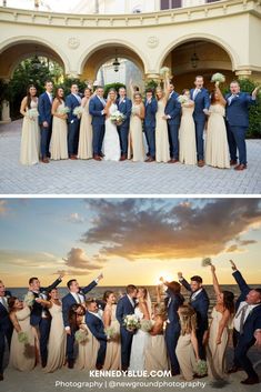 the wedding party is posing for pictures at sunset