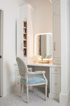 a white desk with a chair and mirror on it in a room that is well lit