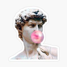 a close up of a person blowing a bubble on a sticker with a white background