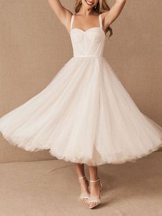 Exclusive White Wedding Dresses T-Length A-Line Sweetheart Pearls Spaghetti Straps Tea Length Bridal Dress White Tulle Wedding Dress, Courthouse Wedding Dress, Tea Length Wedding, Elopement Dress, Cute Wedding Dress, Tea Length Wedding Dress, Tea Length Dresses, Best Wedding Dresses